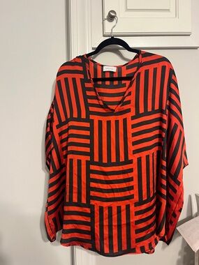 Adrienne Red and Black Geometric V-Neck Blouse